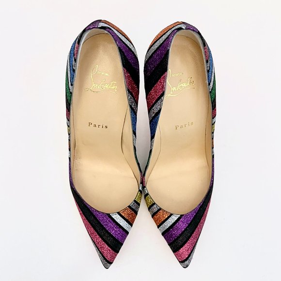 Christian Louboutin Pigalle Follies 100 Striped Glitter Pumps Rainbow Multicolor - Picture 6 of 14